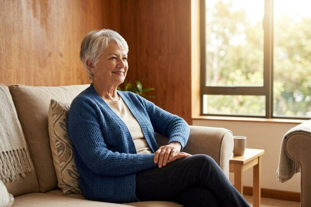 A senior in a blue cardigan sits smiling on a beige couch by a sunlit window, with a mug on a side table.