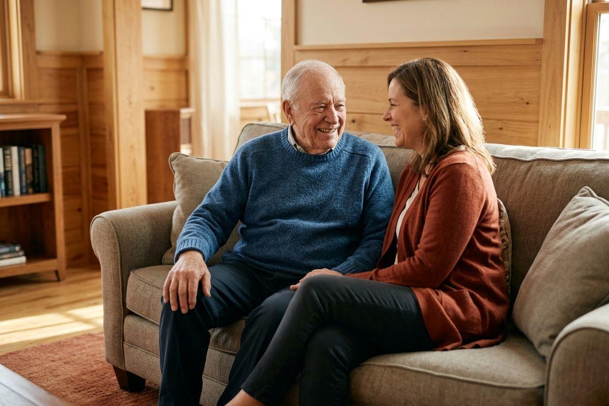 A senior and a younger adult sit close on a couch, smiling at each other in a wood-paneled living room.