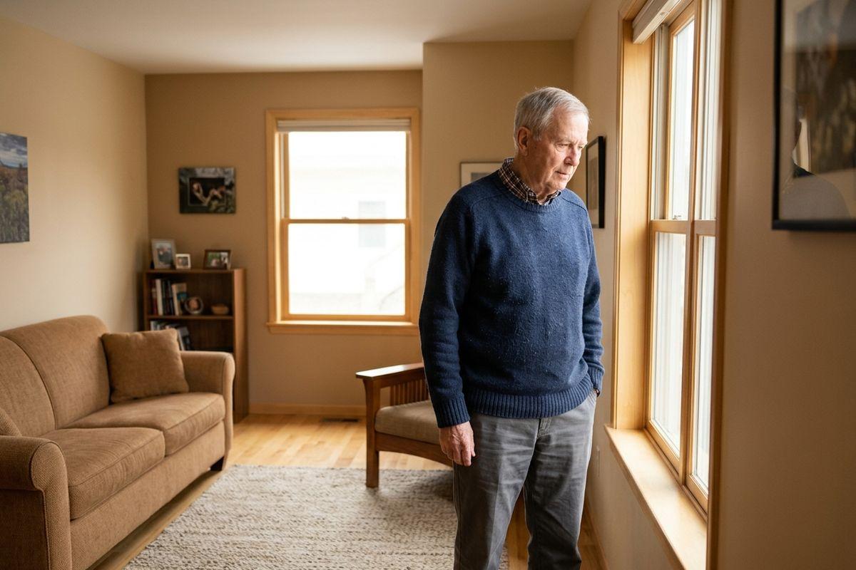 A senior in a blue sweater standing by a window in a living room, looking down with a somber expression.