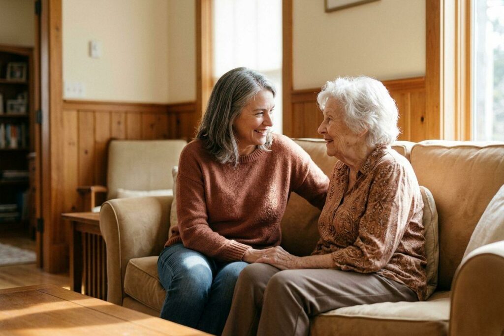 Two seniors sit on a couch, smiling and holding hands as they face each other in a wood-paneled living room.