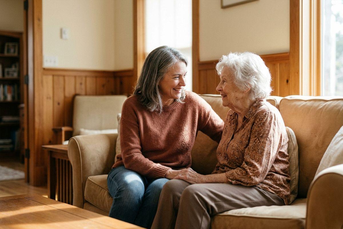Two seniors sit on a couch, smiling and holding hands as they face each other in a wood-paneled living room.