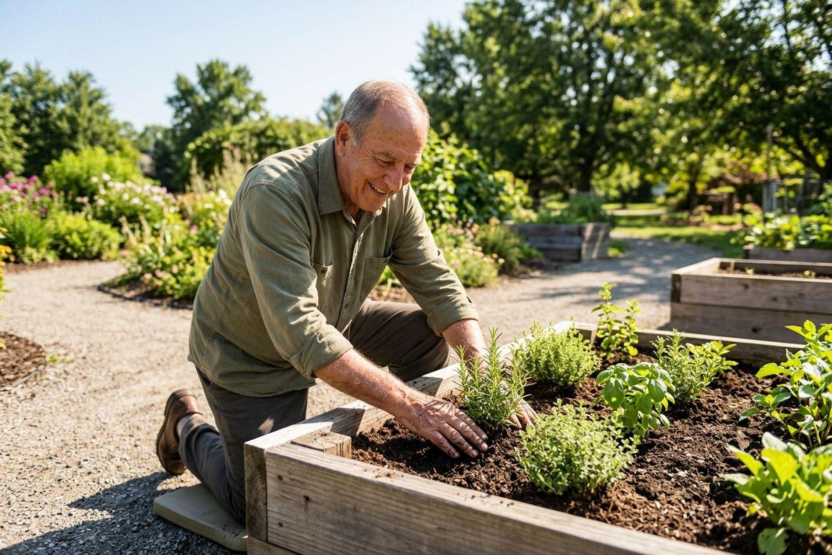 A senior kneels by a raised garden bed, smiling while planting herbs in the soil, surrounded by greenery.