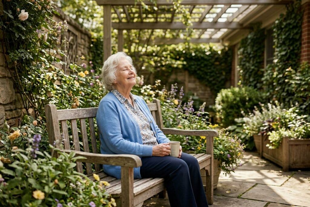 A senior smiles with eyes closed, holding a mug on a wooden bench in a sunny flower garden.