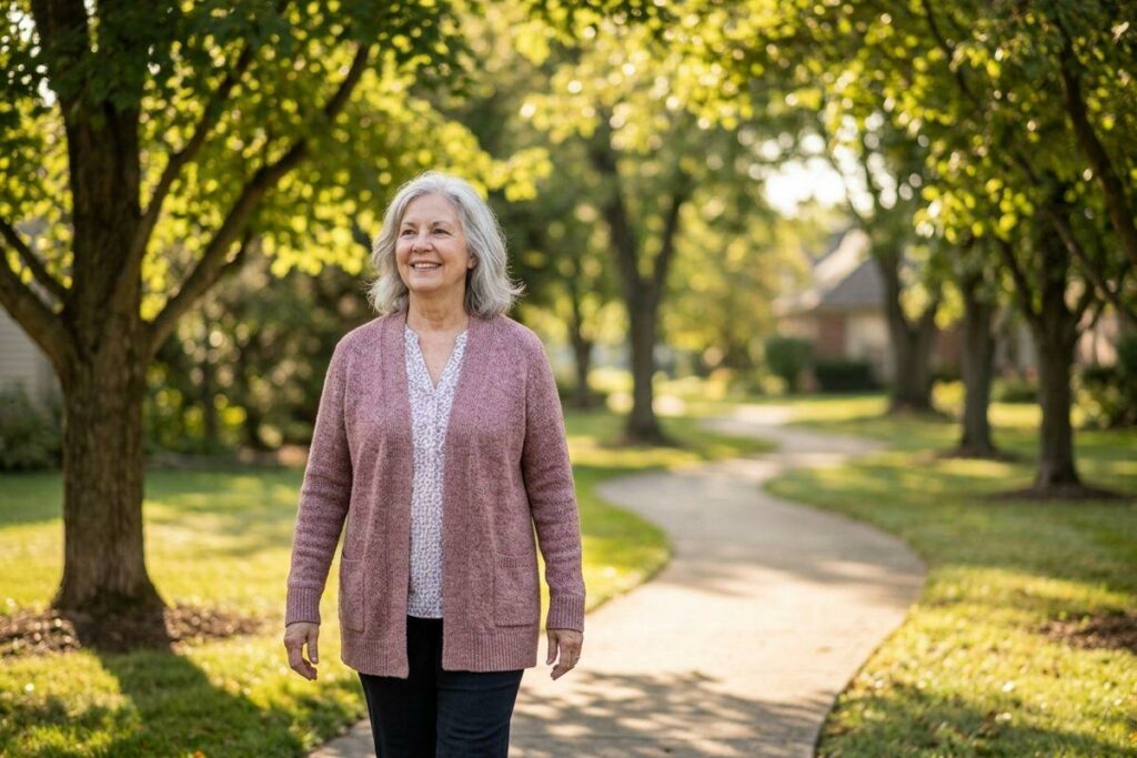An older adult smiles as they walk along a paved, tree-lined path in a sunny park.