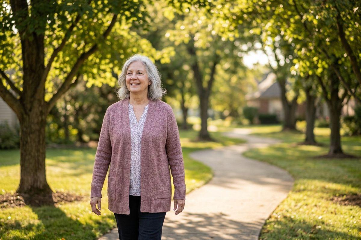An older adult smiles as they walk along a paved, tree-lined path in a sunny park.
