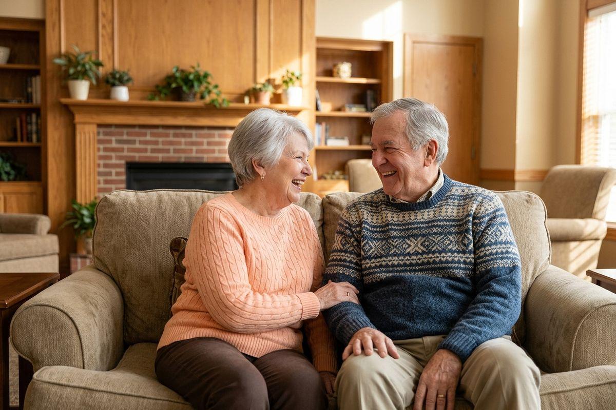 A pair of older adults sit closely on a sofa, smiling and looking at each other in a living room with a fireplace.