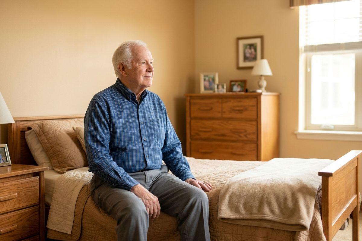 An older adult sits on the edge of a bed, looking toward a sunlit window in a bedroom.