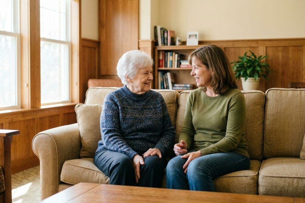 An older adult and their family member sit on a couch smiling at each other in a community living room with a bookshelf and a plant.